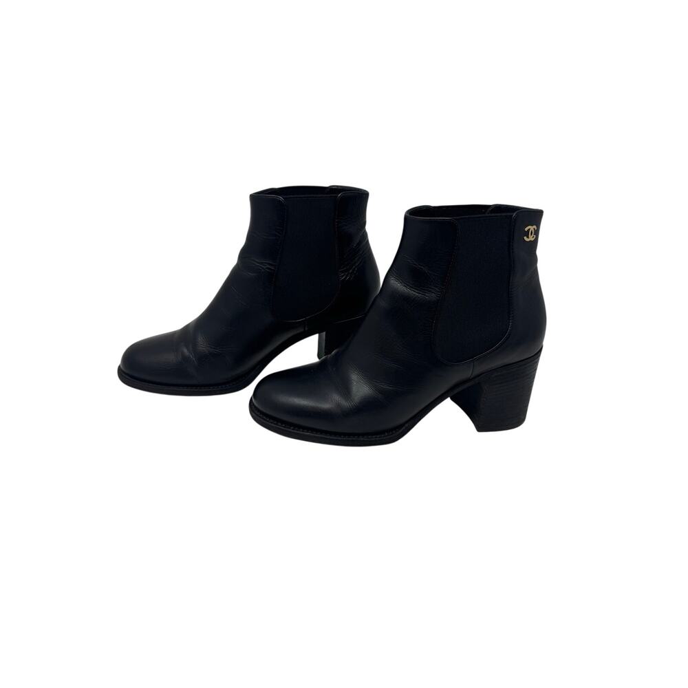 Chanel Black Leather Ankle Boots CC Logo Block Heel Booties Size 38C - Picture 4 of 10